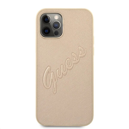 GUESS PU Saffiano Vintage Script Zadní Kryt pro Apple iPhone 12 Pro Max zlaté