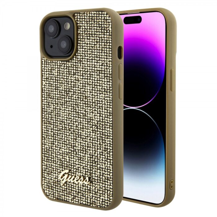 107204 Guess PU Square Mirror Script Logo Zadní Kryt pro iPhone 15 Gold - Obrázek 1