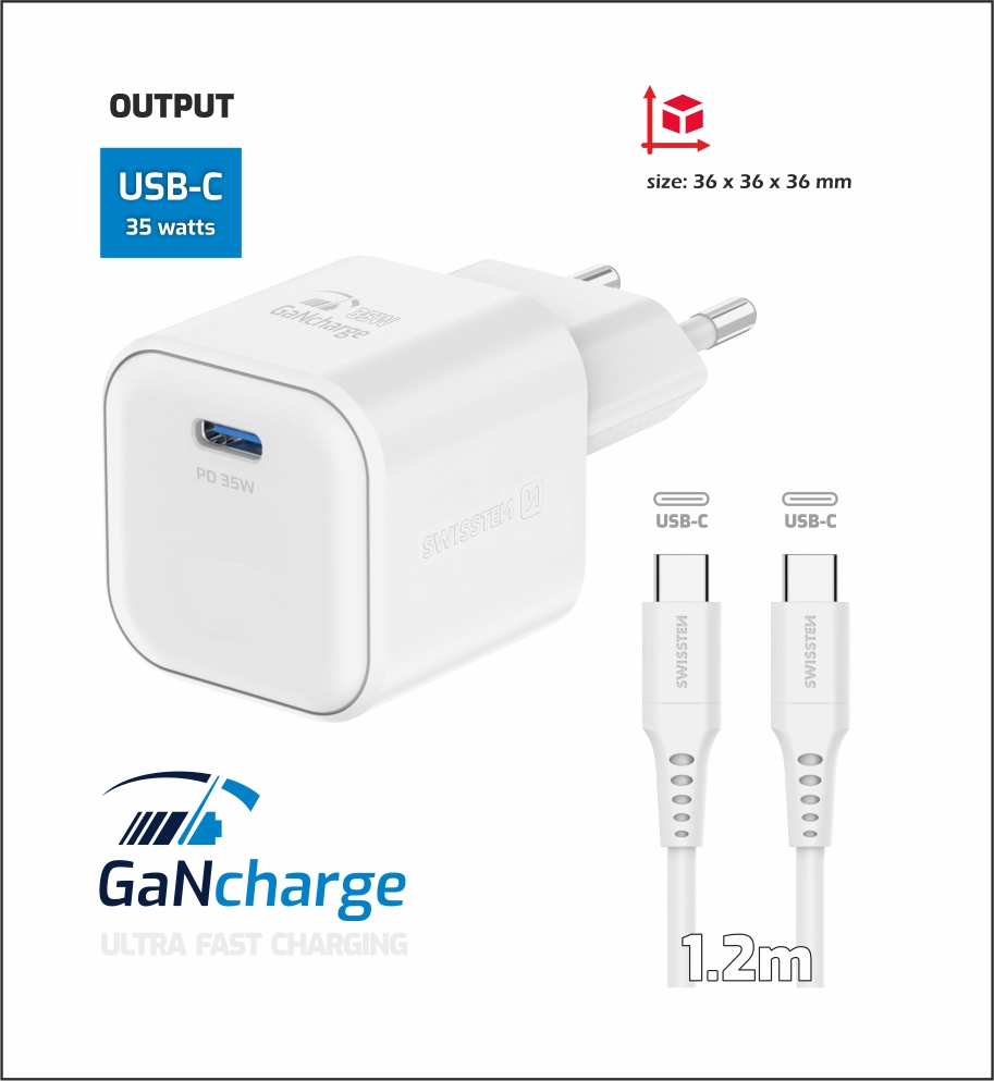 img (4) SWISSTEN SÍŤOVÝ ADAPTÉR GaN 1x USB-C 35W POWER DELIVERY BÍLÝ + DATOVÝ KABEL USB-C/USB-C 1,2 M BÍLÝ - Obrázek 1